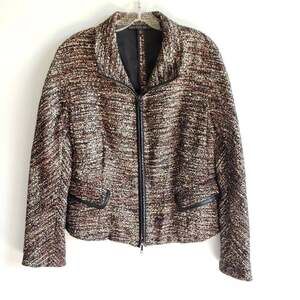 Lafayette 148 Brown Multi Tweed Faux Leather Trim Full Zip Blazer
